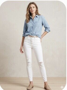 NWT ​Gap White High Rise Button-Fly Distressed Skinny Jeans Raw Hem Size 10